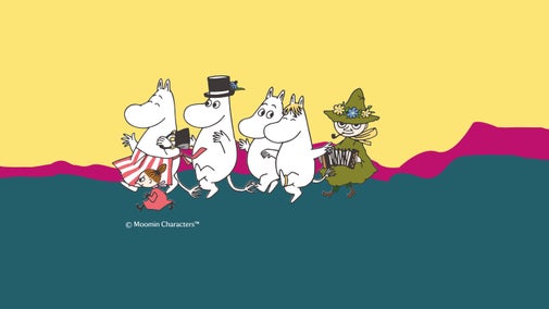 Four cartoon Moomin line drawing characters walking to wards the left of the picture on a yellow and blue background.